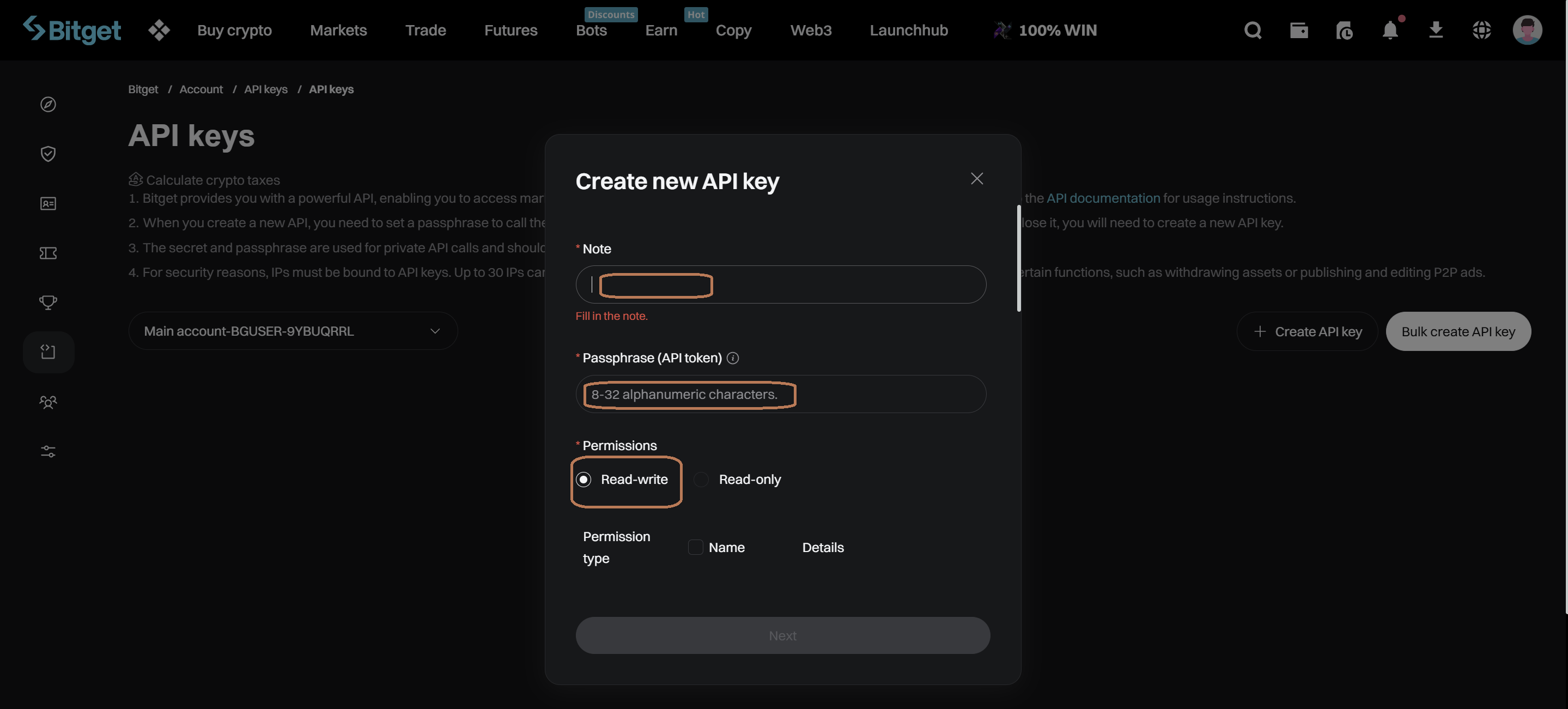Configurer la note et la passphrase