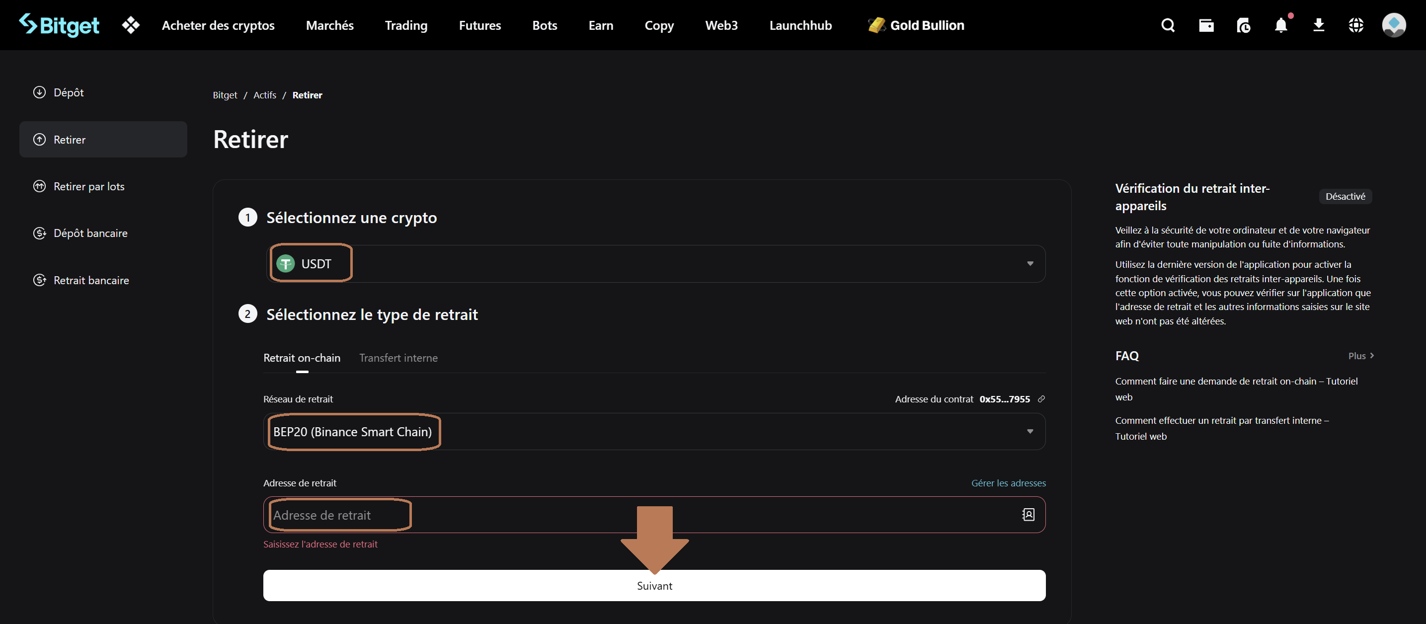 Sélectionner la crypto et le réseau